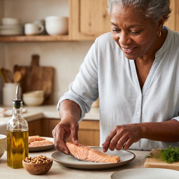 photo of woman with salmon dinner