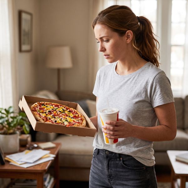 woman holding pizza and drink